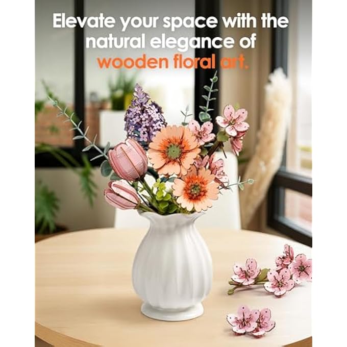 3D WOODEN FLOWER PUZZLE LIGHT ORANGE GERBERA, MODEL KITS FOR ADULTS TO ASSEMBLE, ARTIFICIAL ETERNAL FLOWERS, DIY CRAFT SET, VALENTINE'S DAY, MOTHER'S DAY AND CHRISTMAS - Image 4